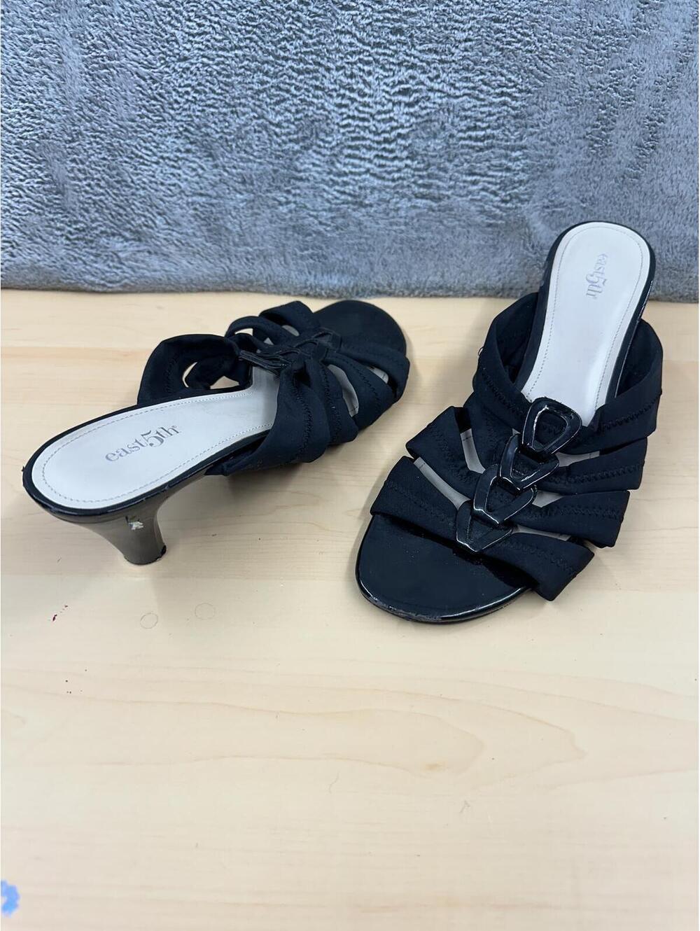 East 5th Black Ruched Slingback Mule Heels Y2K Contemporary Party Sandals